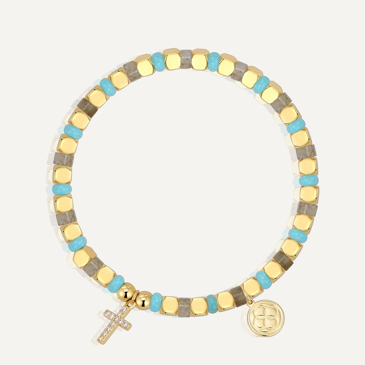 Multicolored beaded bracelet with a cross charm on a white background