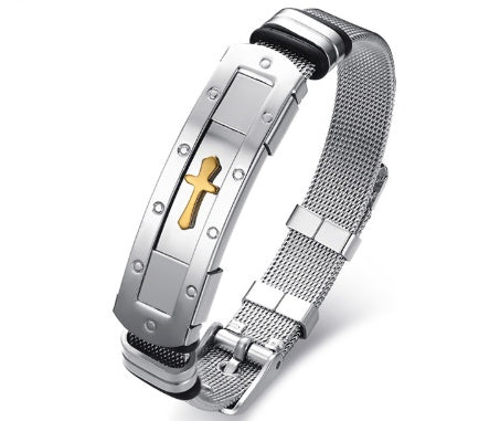 Men's Stainless Steel Cross Bracelet With Christian Faith Mesh Band Jewelry Style