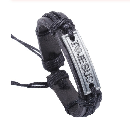 Black braided leather bracelet with 'I ❤️ JESUS' tag on a white background
