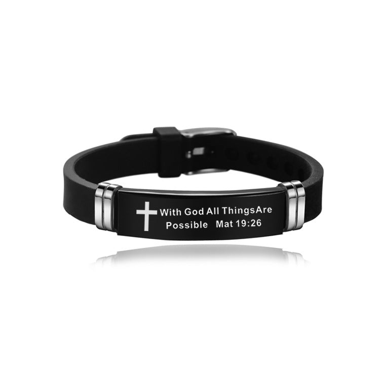 Black bracelet with silver accents and religious text on a white background