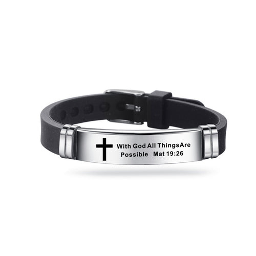 Black and silver bracelet with cross design and engraved text on a white background