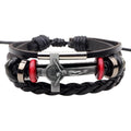 Black braided leather bracelet with metal bar and red accents on a white background