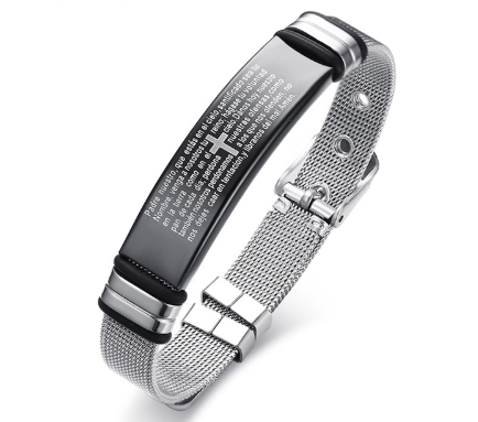 Silver mesh bracelet with engraved text on a white background