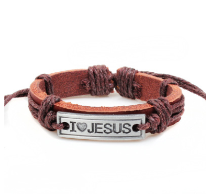Brown leather bracelet with 'I ❤️ JESUS' tag on a white background