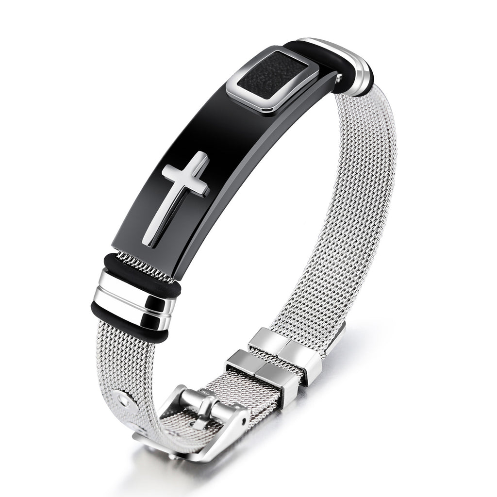 Silver mesh bracelet with black accent and cross charm on a white background