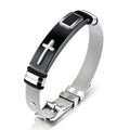 Silver mesh bracelet with black accent and cross charm on a white background