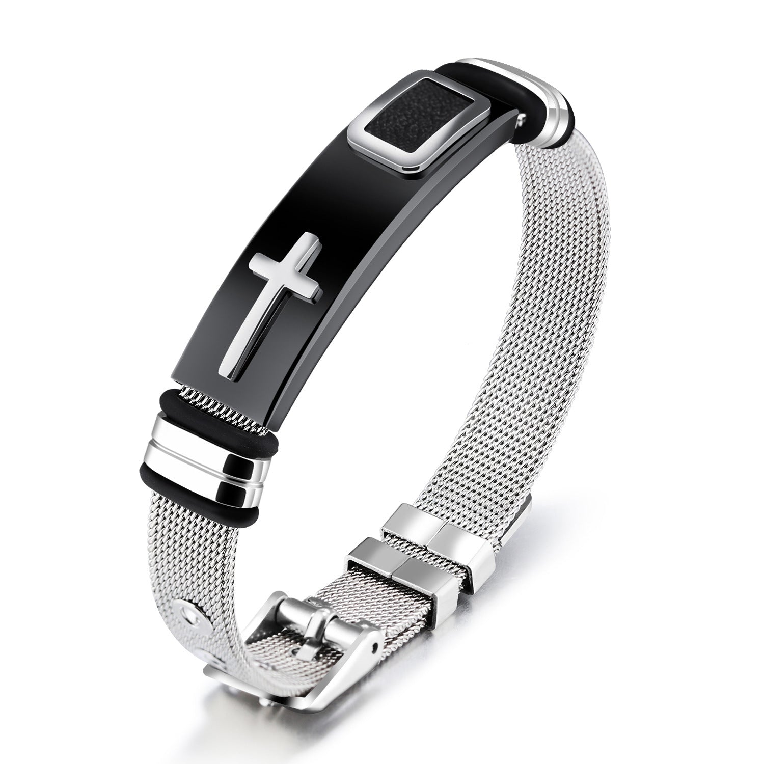 Silver mesh bracelet with black accent and cross charm on a white background