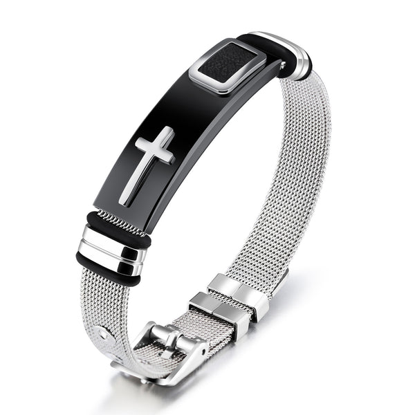 Silver mesh bracelet with black accent and cross charm on a white background