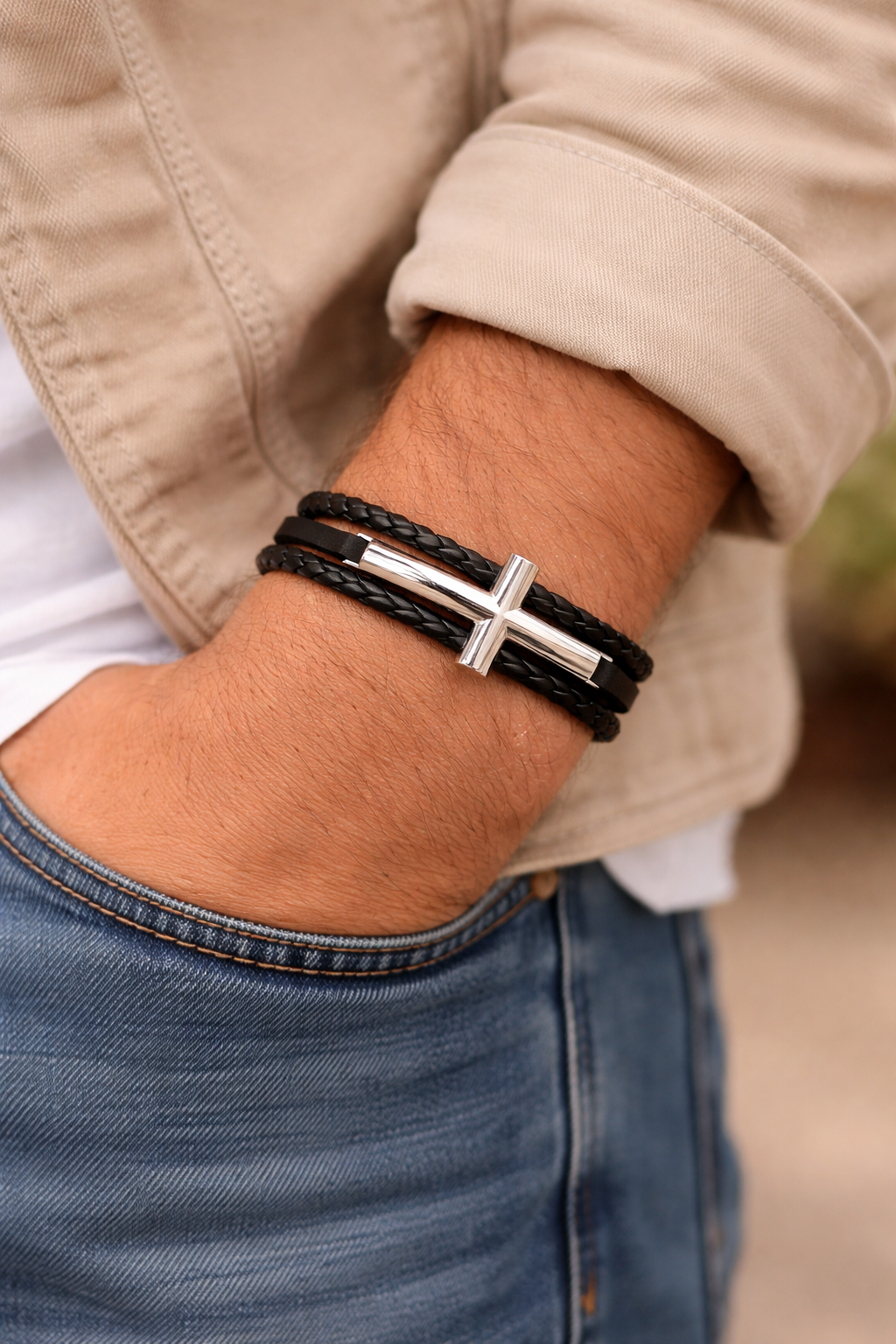 Close-up of a wrist wearing a black leather bracelet with a silver cross charm, with a blurred background.