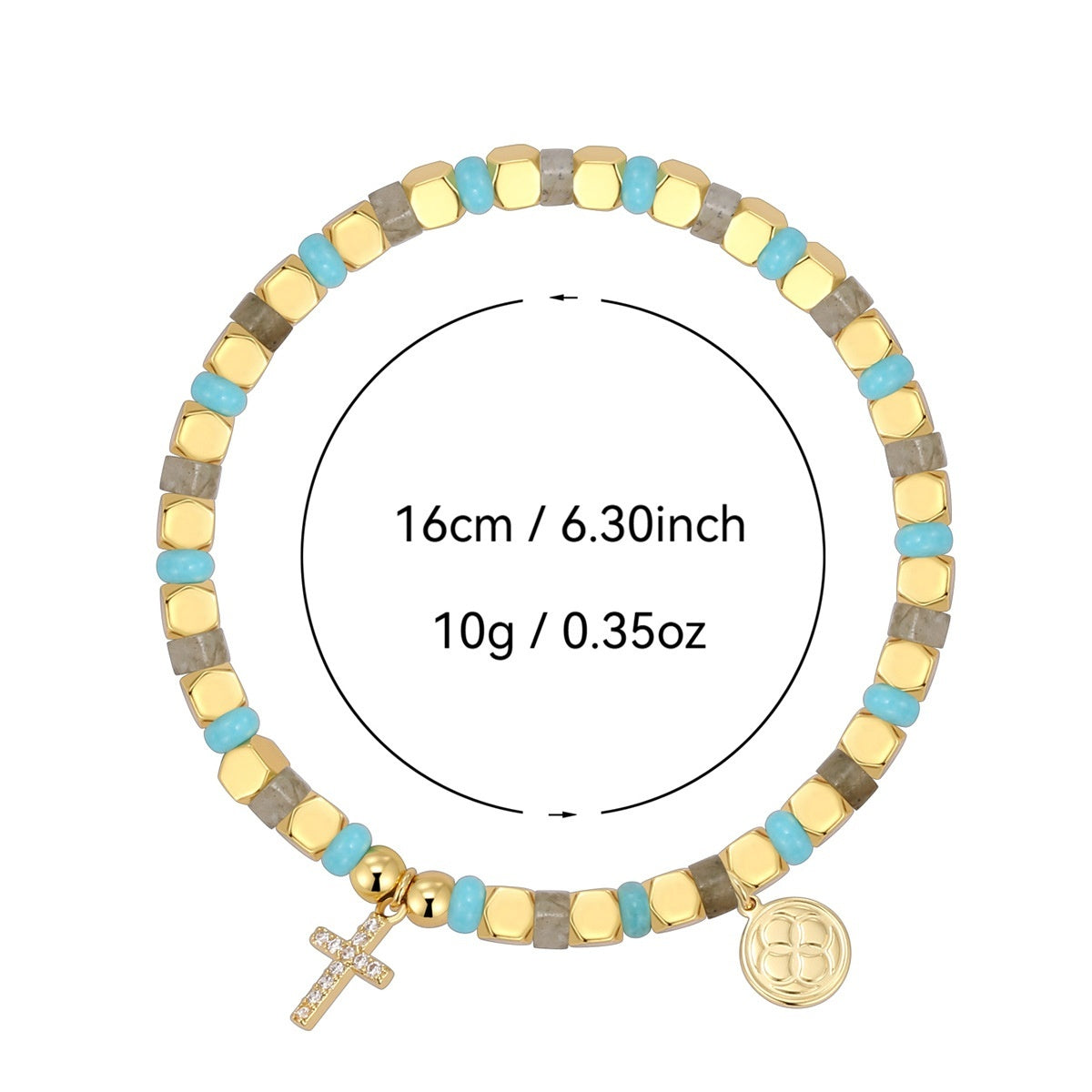 Multicolored beaded bracelet with a cross and coin charm, showing measurements on a white background.