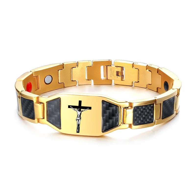 Men’s Carbon Fiber Cross Magnetic Bracelet – Luxury Waterproof Health Energy Jewelry