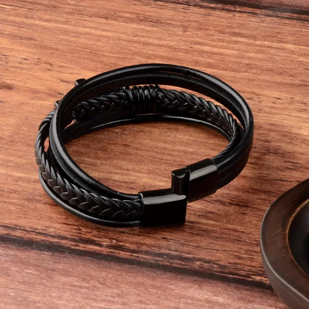 Men’s Genuine Leather Cross Bracelet – Multilayer Braided Stainless Steel Magnet Bangle