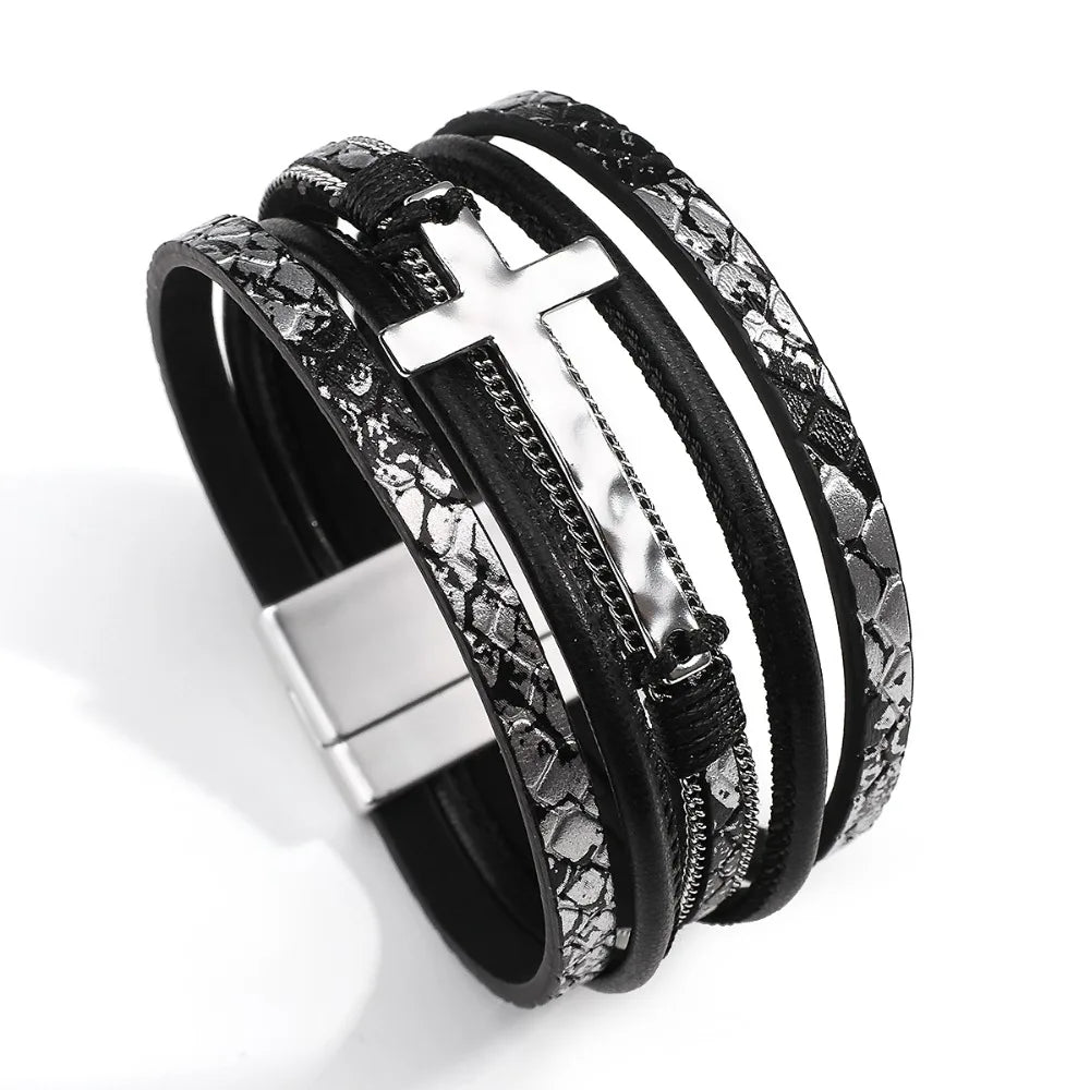 Vintage Cross Leather Wrap Bracelet – Multilayer Braided Christian Jewelry For Women
