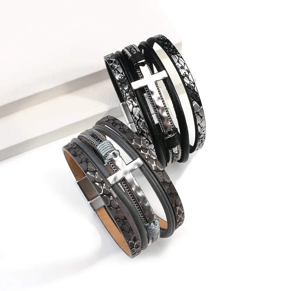 Vintage Cross Leather Wrap Bracelet – Multilayer Braided Christian Jewelry For Women