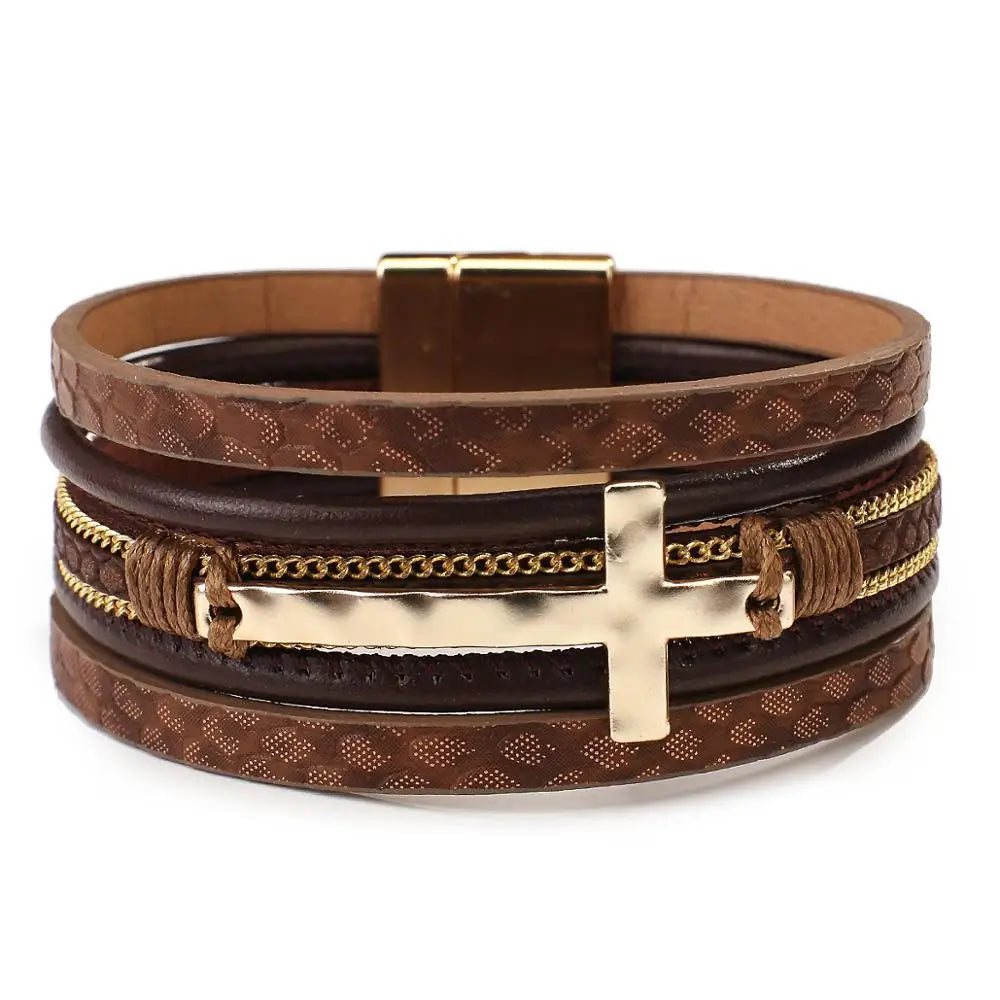 Vintage Cross Leather Wrap Bracelet – Multilayer Braided Christian Jewelry For Women