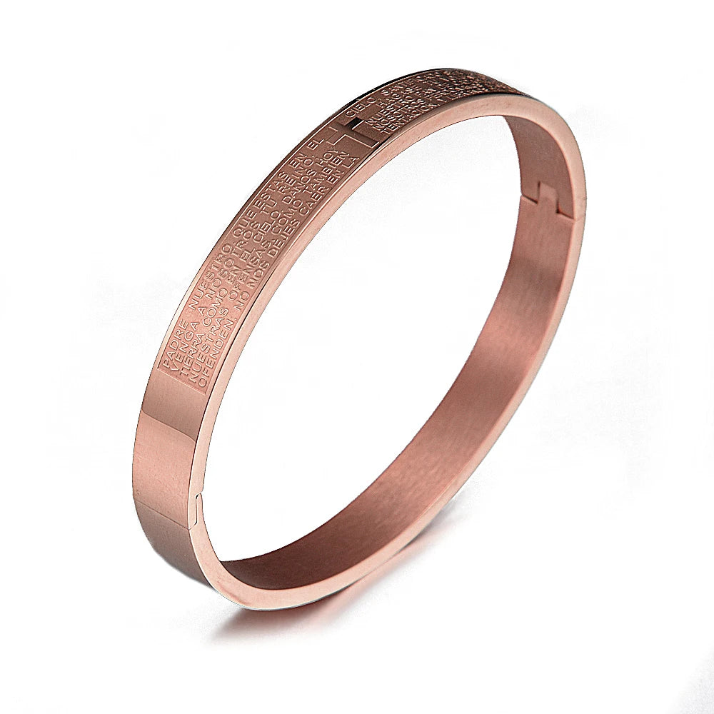 Luxury Cuff Bangle – Carved Spanish Scripture Christian Cross Bracelet