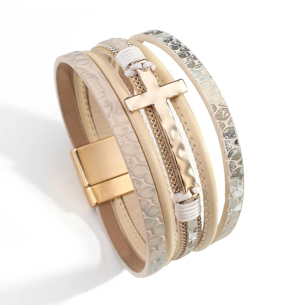 Vintage Cross Leather Wrap Bracelet – Multilayer Braided Christian Jewelry For Women
