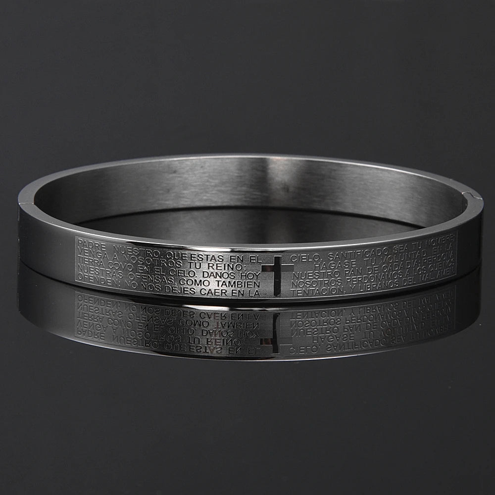 Luxury Cuff Bangle – Carved Spanish Scripture Christian Cross Bracelet