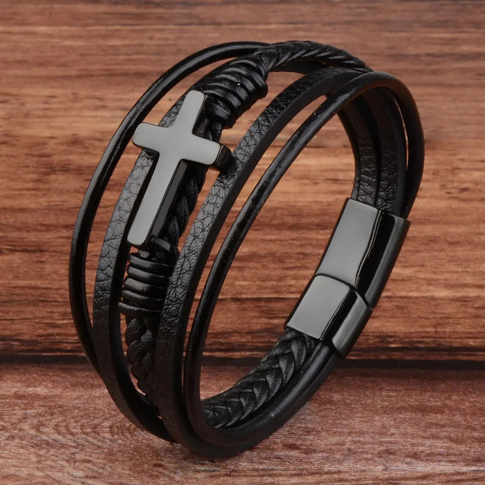 Men’s Genuine Leather Cross Bracelet – Multilayer Braided Stainless Steel Magnet Bangle