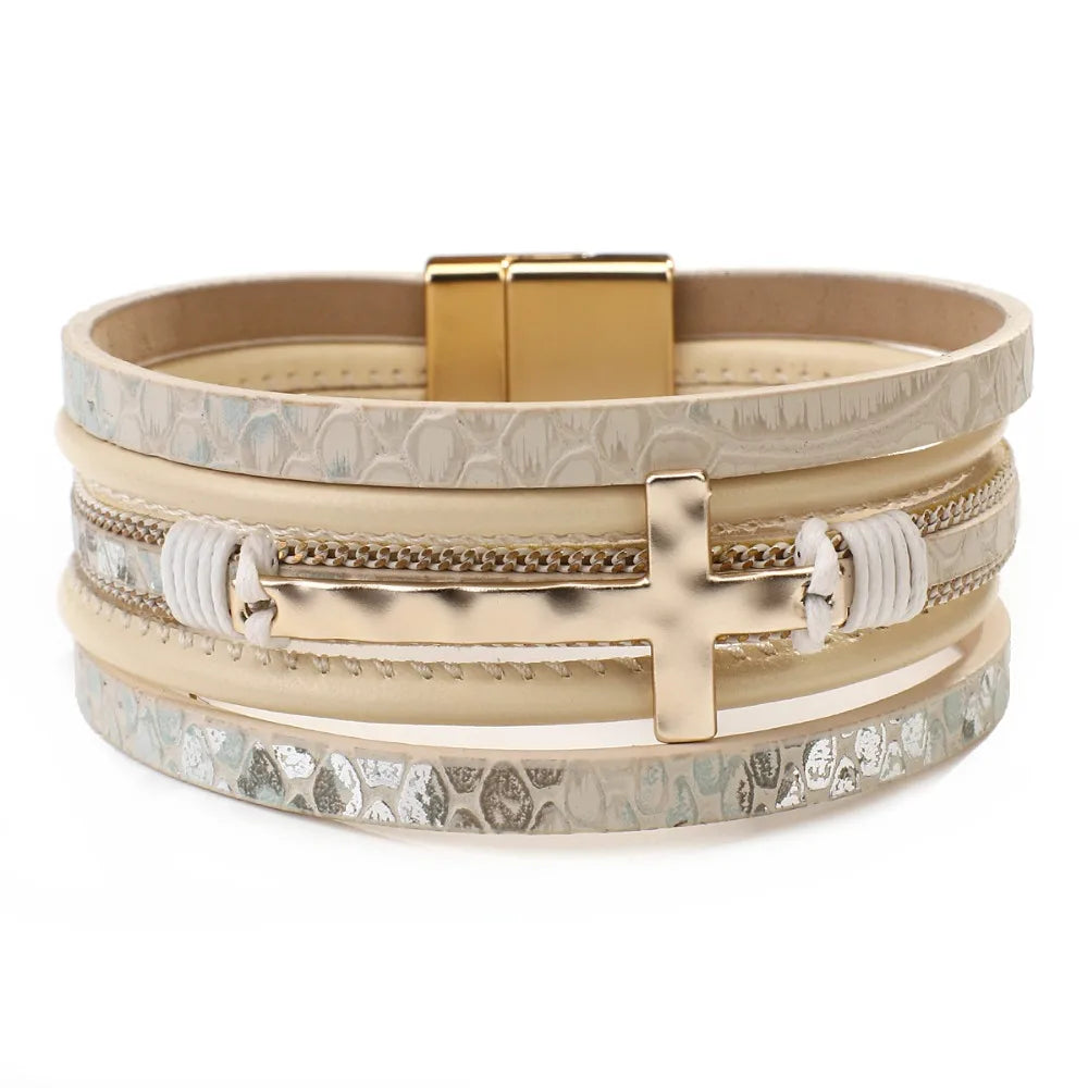 Vintage Cross Leather Wrap Bracelet – Multilayer Braided Christian Jewelry For Women