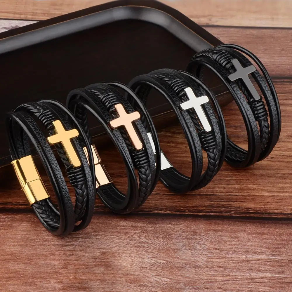 Men’s Genuine Leather Cross Bracelet – Multilayer Braided Stainless Steel Magnet Bangle