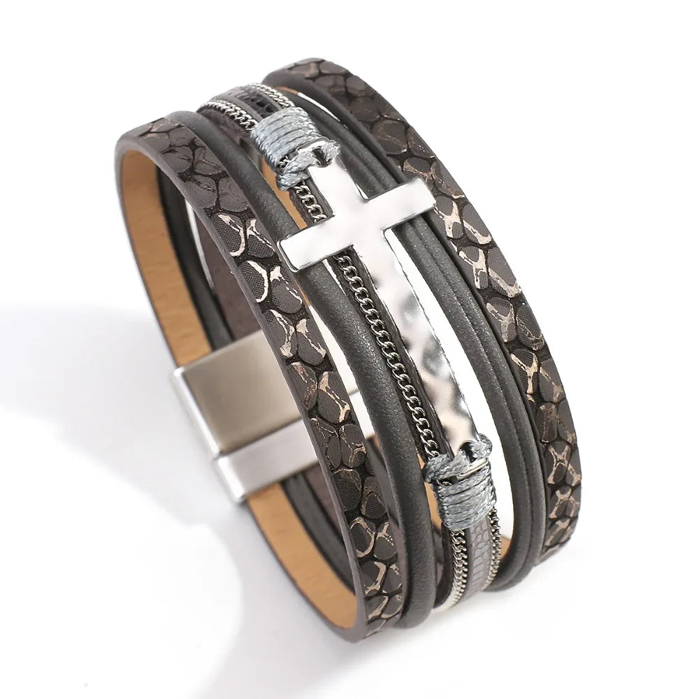 Vintage Cross Leather Wrap Bracelet – Multilayer Braided Christian Jewelry For Women