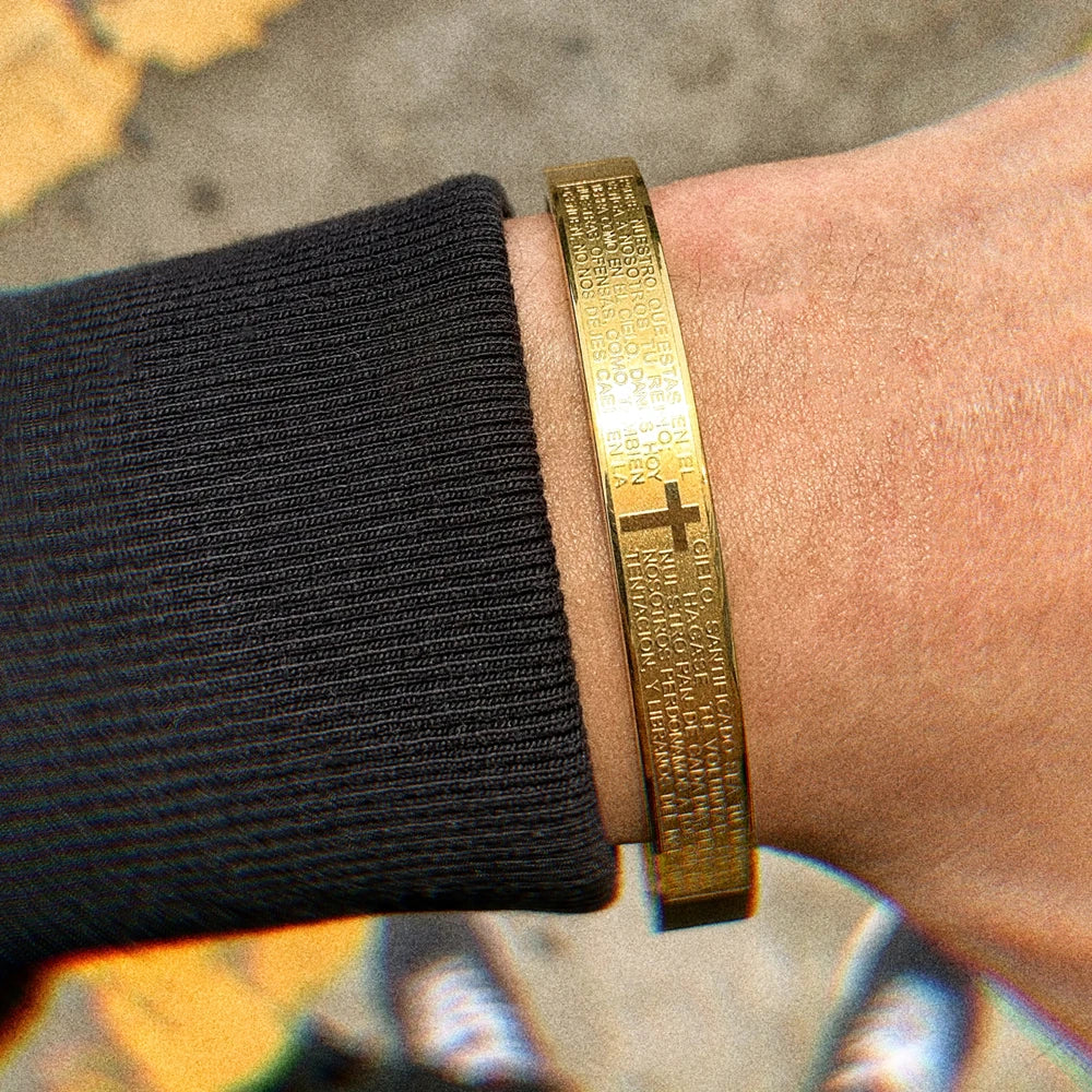 Luxury Cuff Bangle – Carved Spanish Scripture Christian Cross Bracelet