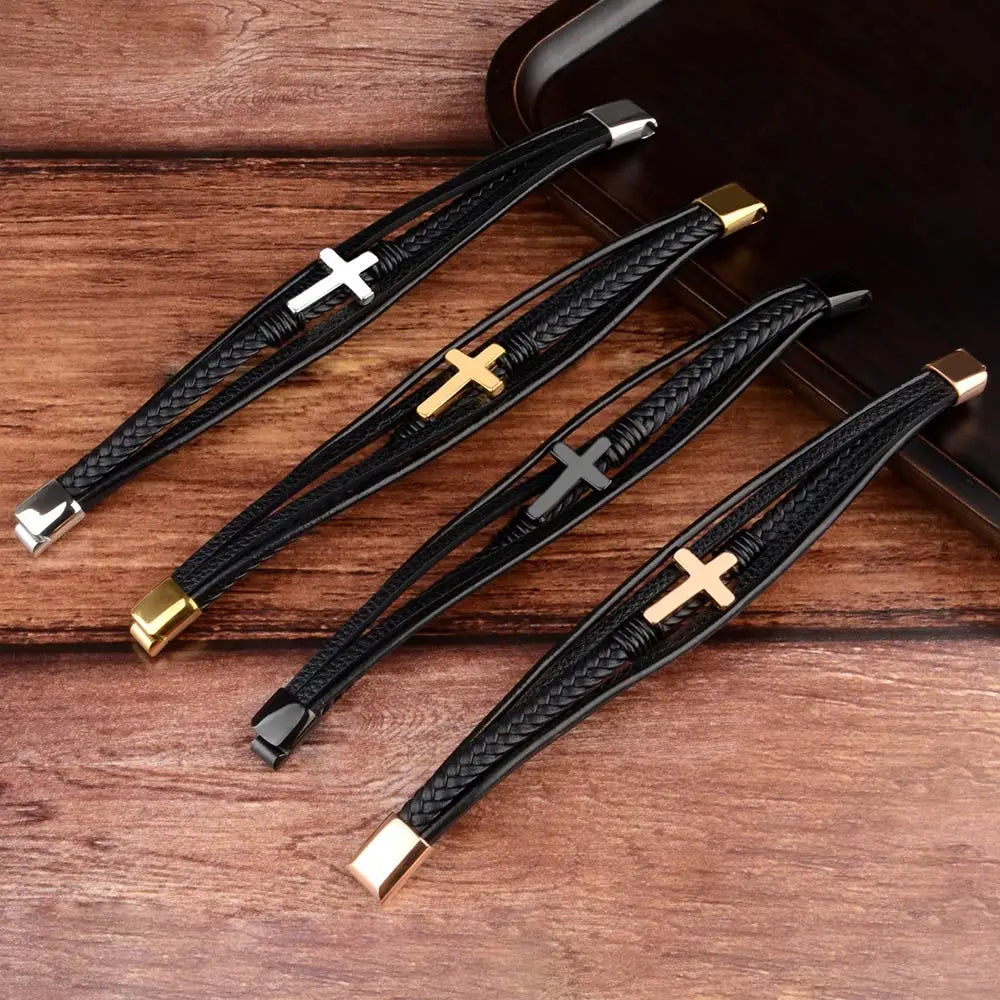 Men’s Genuine Leather Cross Bracelet – Multilayer Braided Stainless Steel Magnet Bangle