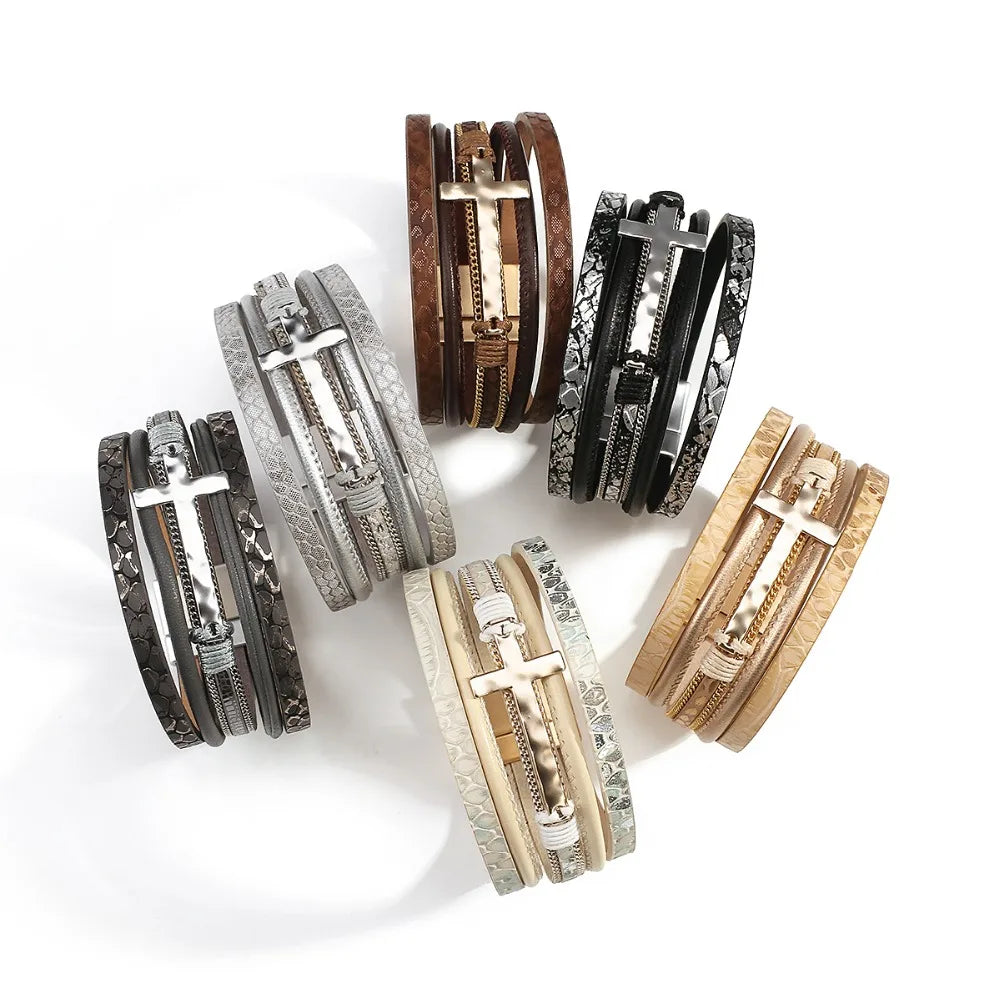 Vintage Cross Leather Wrap Bracelet – Multilayer Braided Christian Jewelry For Women
