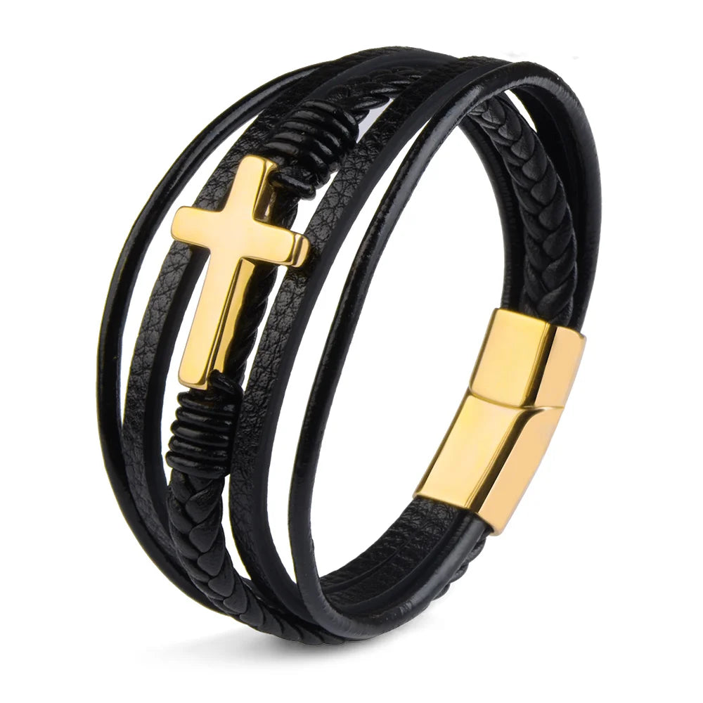 Men’s Genuine Leather Cross Bracelet – Multilayer Braided Stainless Steel Magnet Bangle