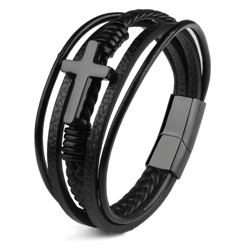 Men’s Genuine Leather Cross Bracelet – Multilayer Braided Stainless Steel Magnet Bangle