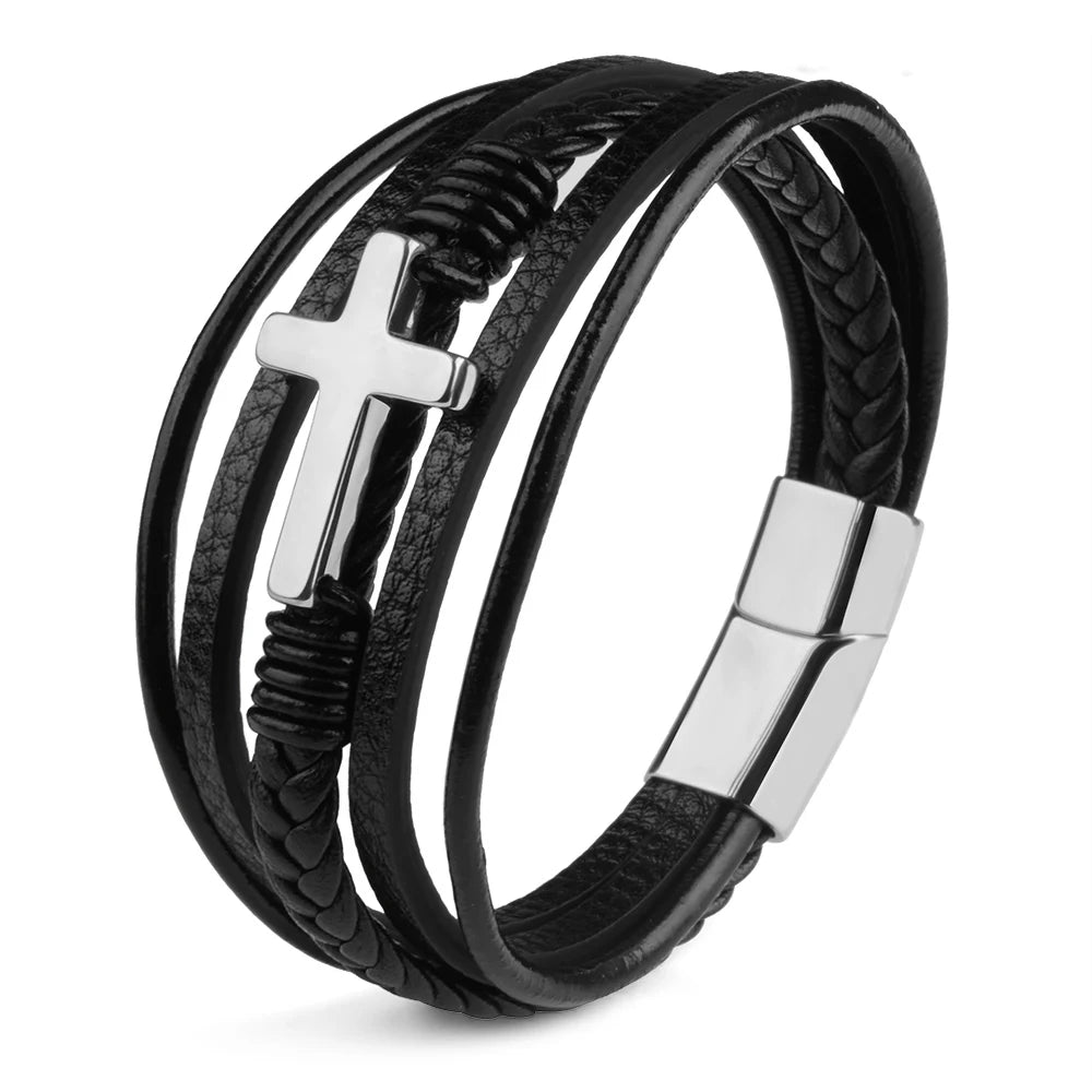 Men’s Genuine Leather Cross Bracelet – Multilayer Braided Stainless Steel Magnet Bangle