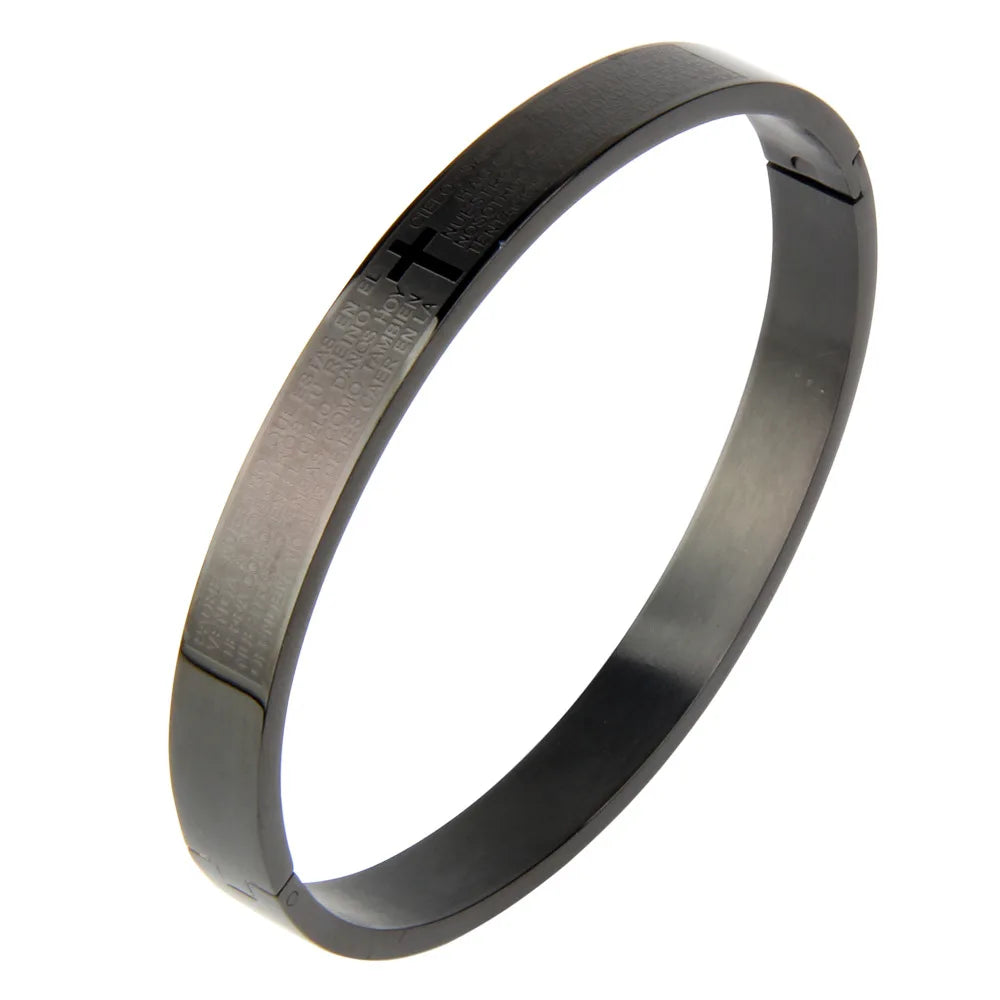 Luxury Cuff Bangle – Carved Spanish Scripture Christian Cross Bracelet