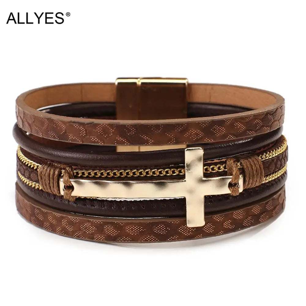 Vintage Cross Leather Wrap Bracelet – Multilayer Braided Christian Jewelry For Women