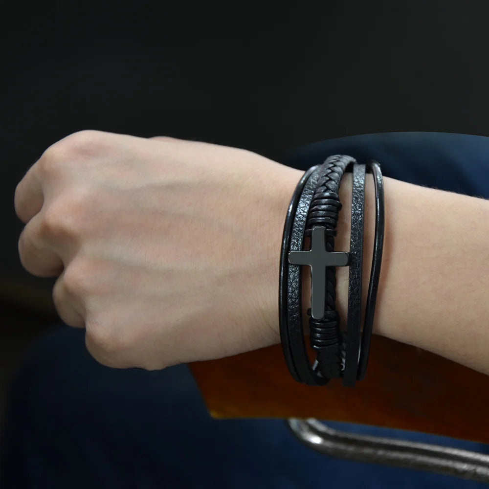 Men’s Genuine Leather Cross Bracelet – Multilayer Braided Stainless Steel Magnet Bangle