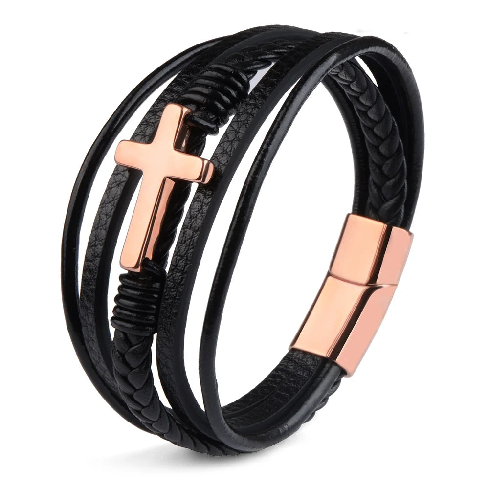 Men’s Genuine Leather Cross Bracelet – Multilayer Braided Stainless Steel Magnet Bangle
