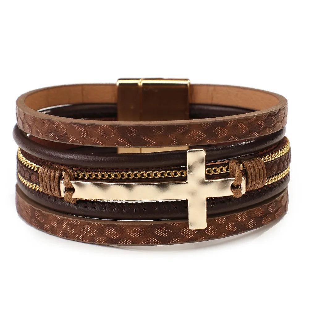 Vintage Cross Leather Wrap Bracelet – Multilayer Braided Christian Jewelry For Women