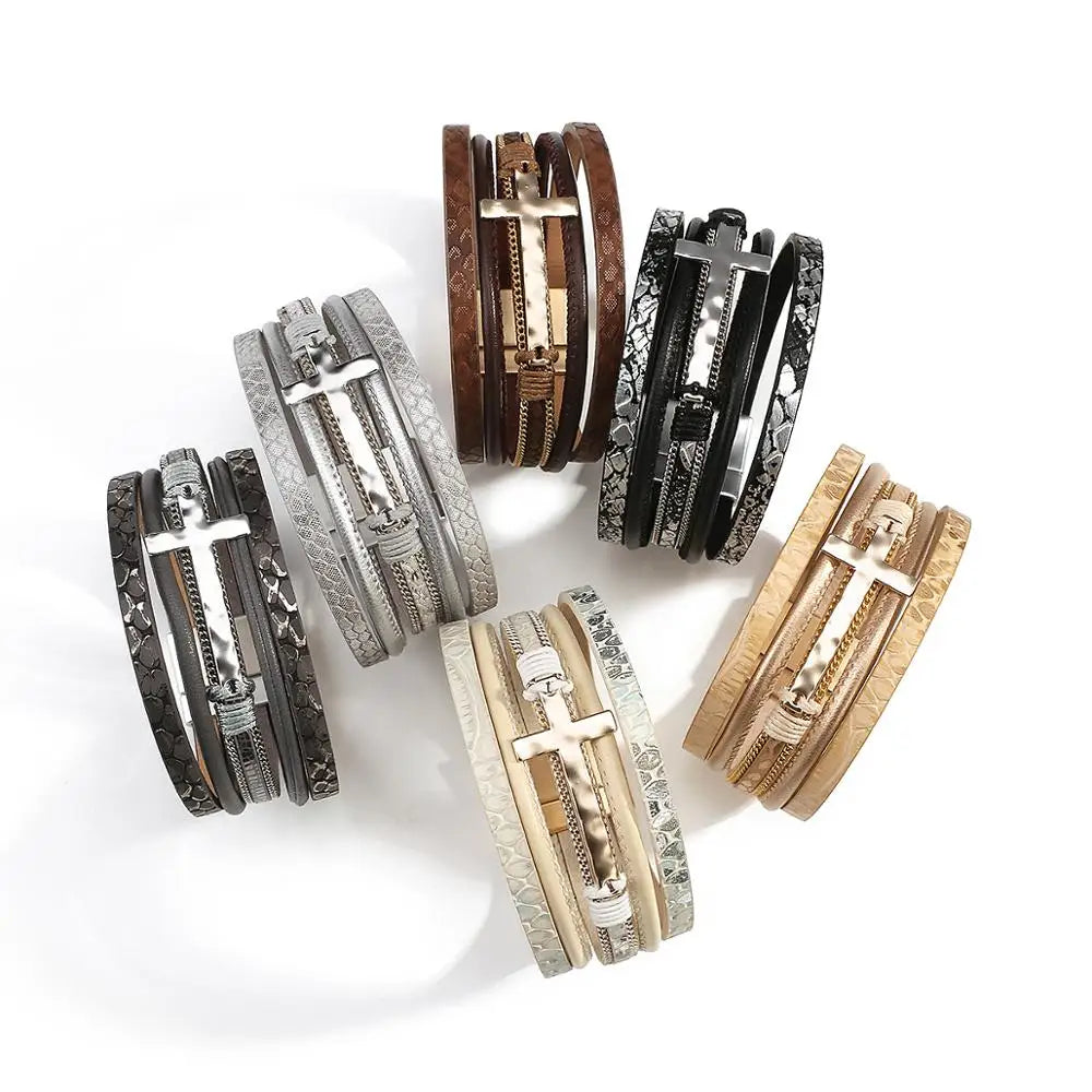 Vintage Cross Leather Wrap Bracelet – Multilayer Braided Christian Jewelry For Women