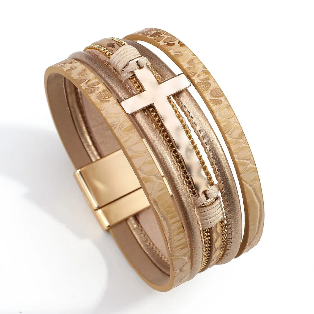 Vintage Cross Leather Wrap Bracelet – Multilayer Braided Christian Jewelry For Women