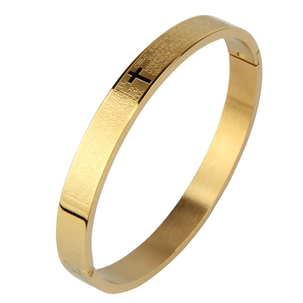 Luxury Cuff Bangle – Carved Spanish Scripture Christian Cross Bracelet