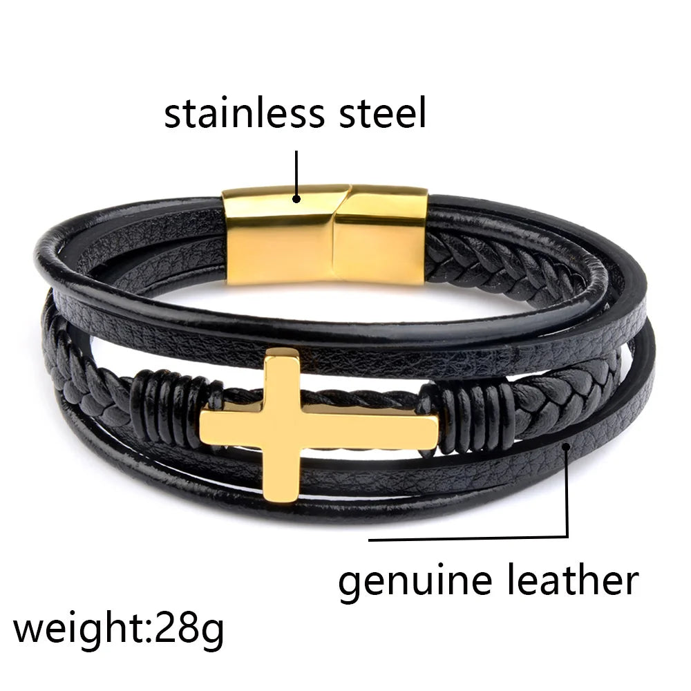 Men’s Genuine Leather Cross Bracelet – Multilayer Braided Stainless Steel Magnet Bangle
