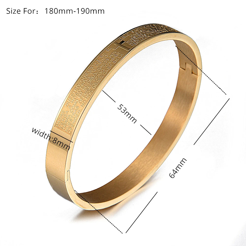 Luxury Cuff Bangle – Carved Spanish Scripture Christian Cross Bracelet