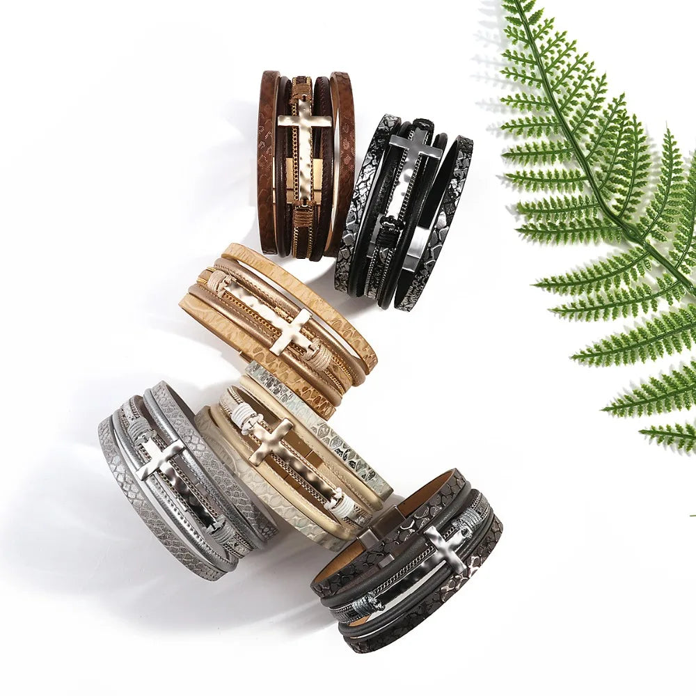Vintage Cross Leather Wrap Bracelet – Multilayer Braided Christian Jewelry For Women