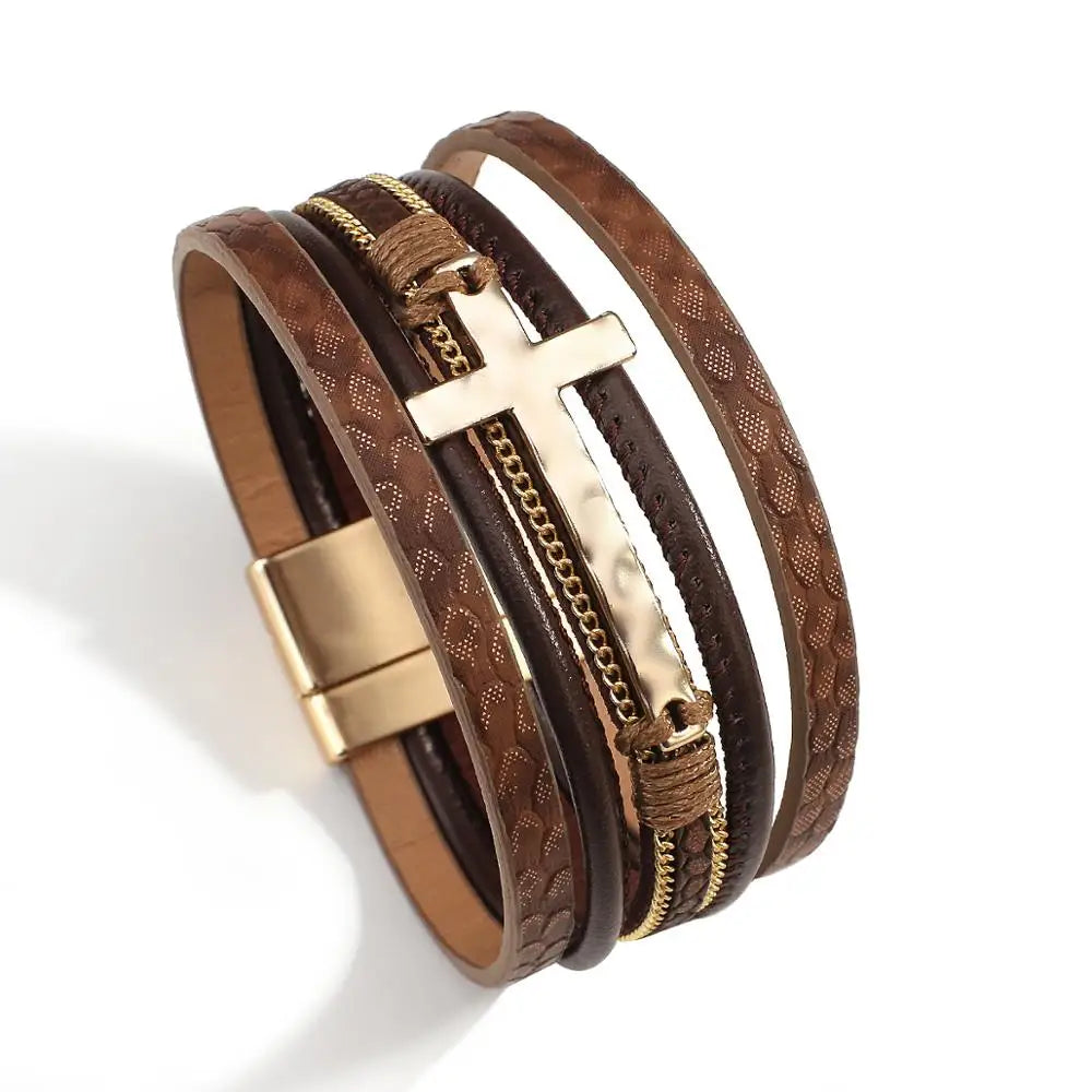 Vintage Cross Leather Wrap Bracelet – Multilayer Braided Christian Jewelry For Women