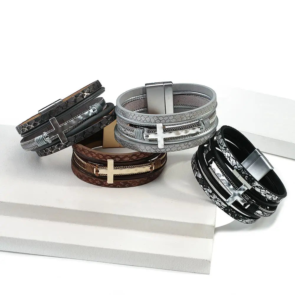 Vintage Cross Leather Wrap Bracelet – Multilayer Braided Christian Jewelry For Women