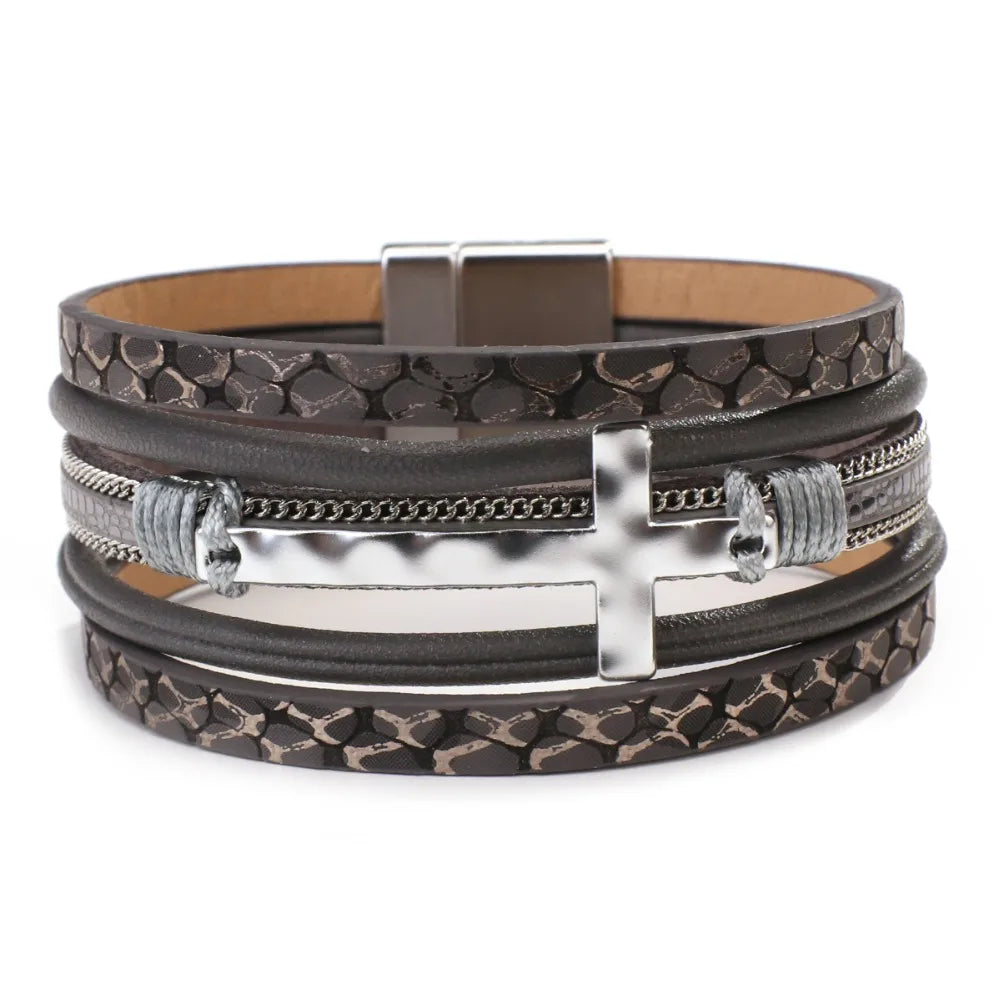 Vintage Cross Leather Wrap Bracelet – Multilayer Braided Christian Jewelry For Women
