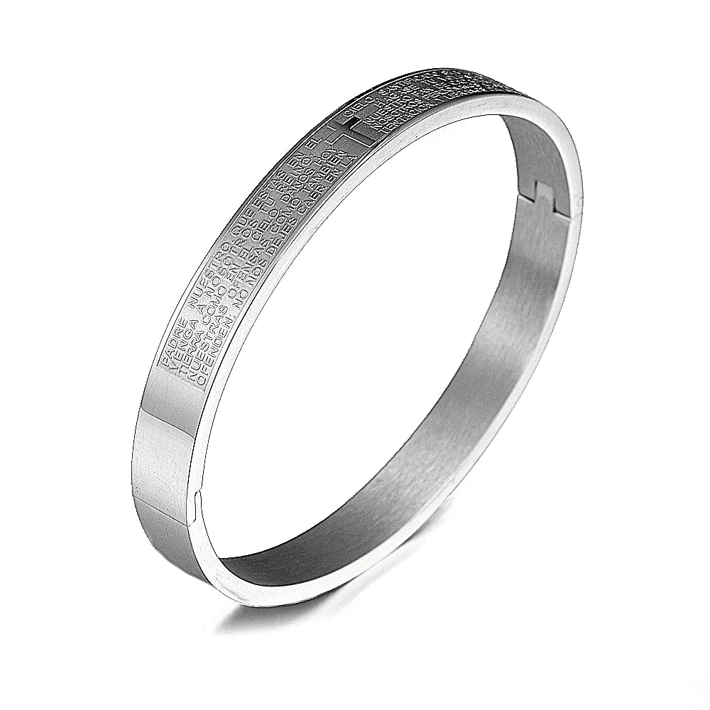 Luxury Cuff Bangle – Carved Spanish Scripture Christian Cross Bracelet