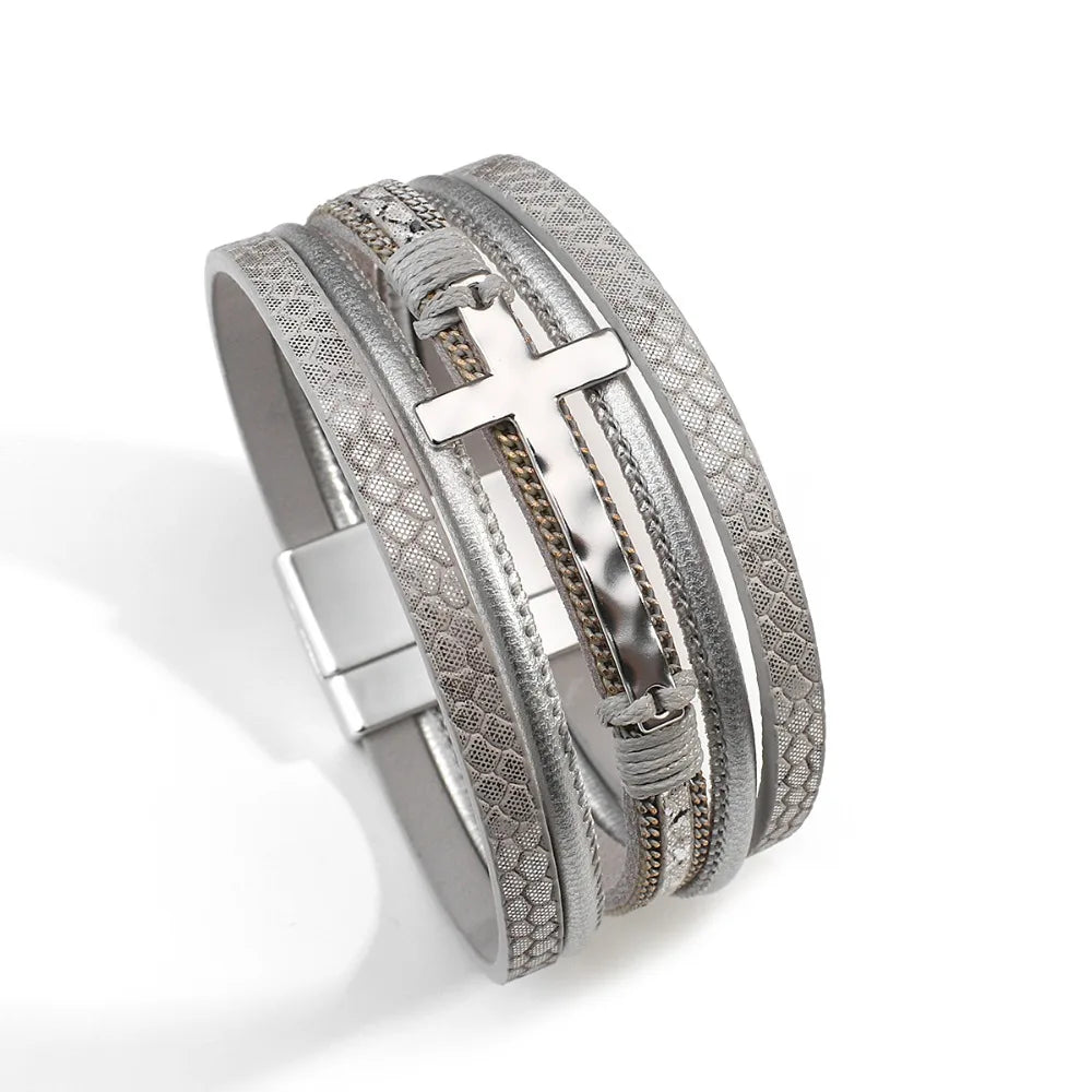 Vintage Cross Leather Wrap Bracelet – Multilayer Braided Christian Jewelry For Women