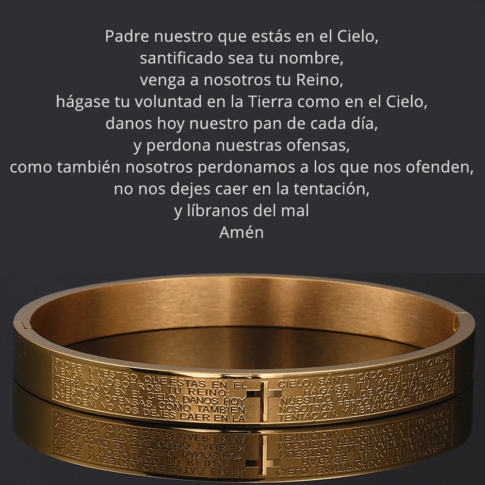 Luxury Cuff Bangle – Carved Spanish Scripture Christian Cross Bracelet
