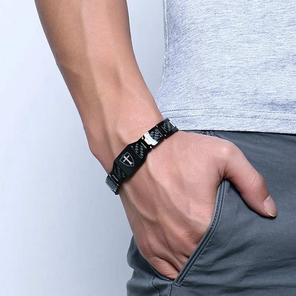 Men’s Carbon Fiber Cross Magnetic Bracelet – Luxury Waterproof Health Energy Jewelry
